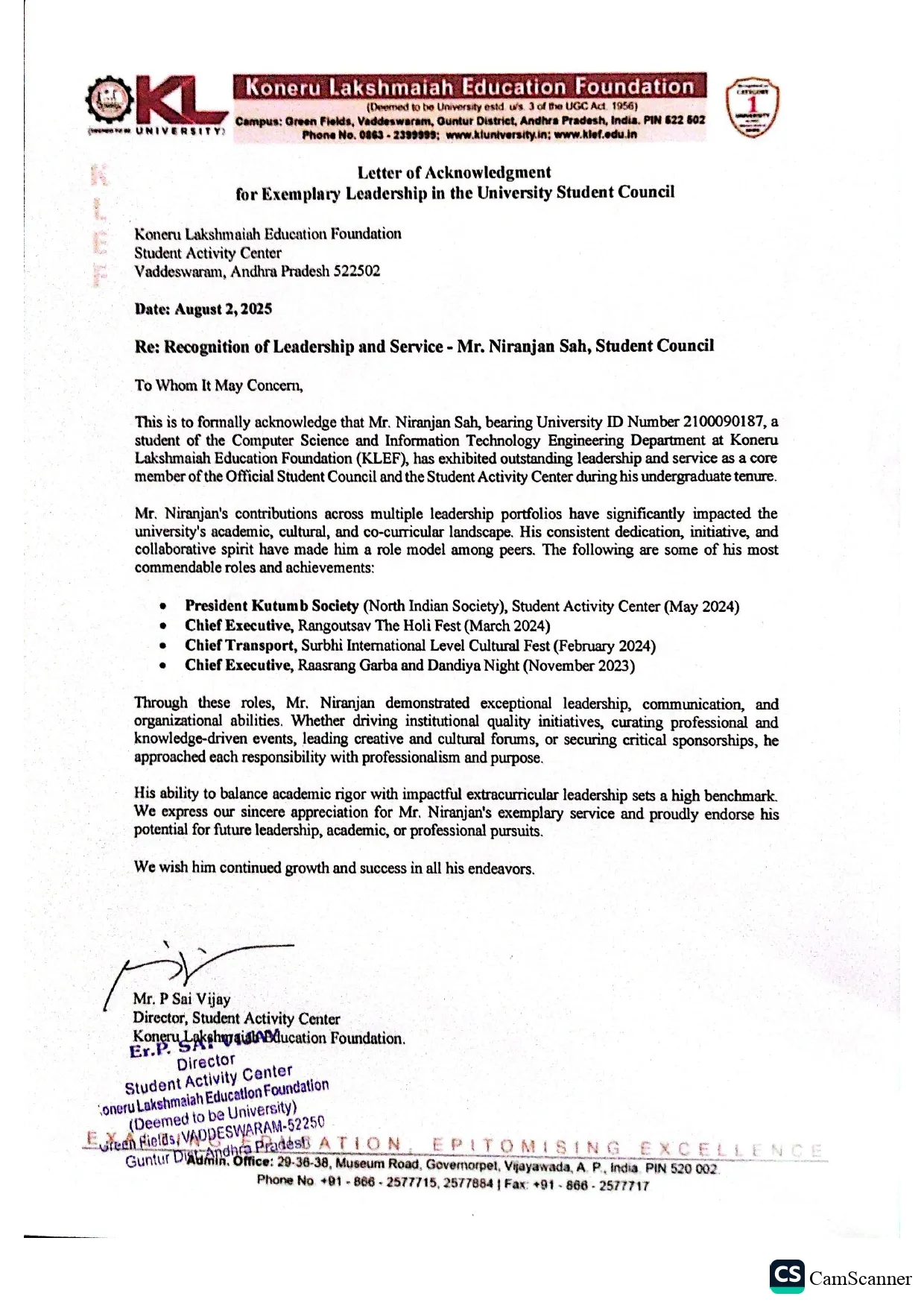 Letter of Acknowledgement